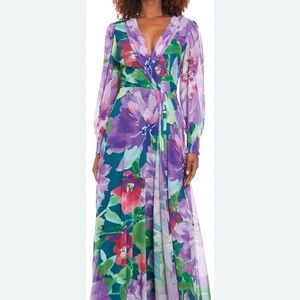 Maggy London Floral Long Sleeve Dress in Purple and Green